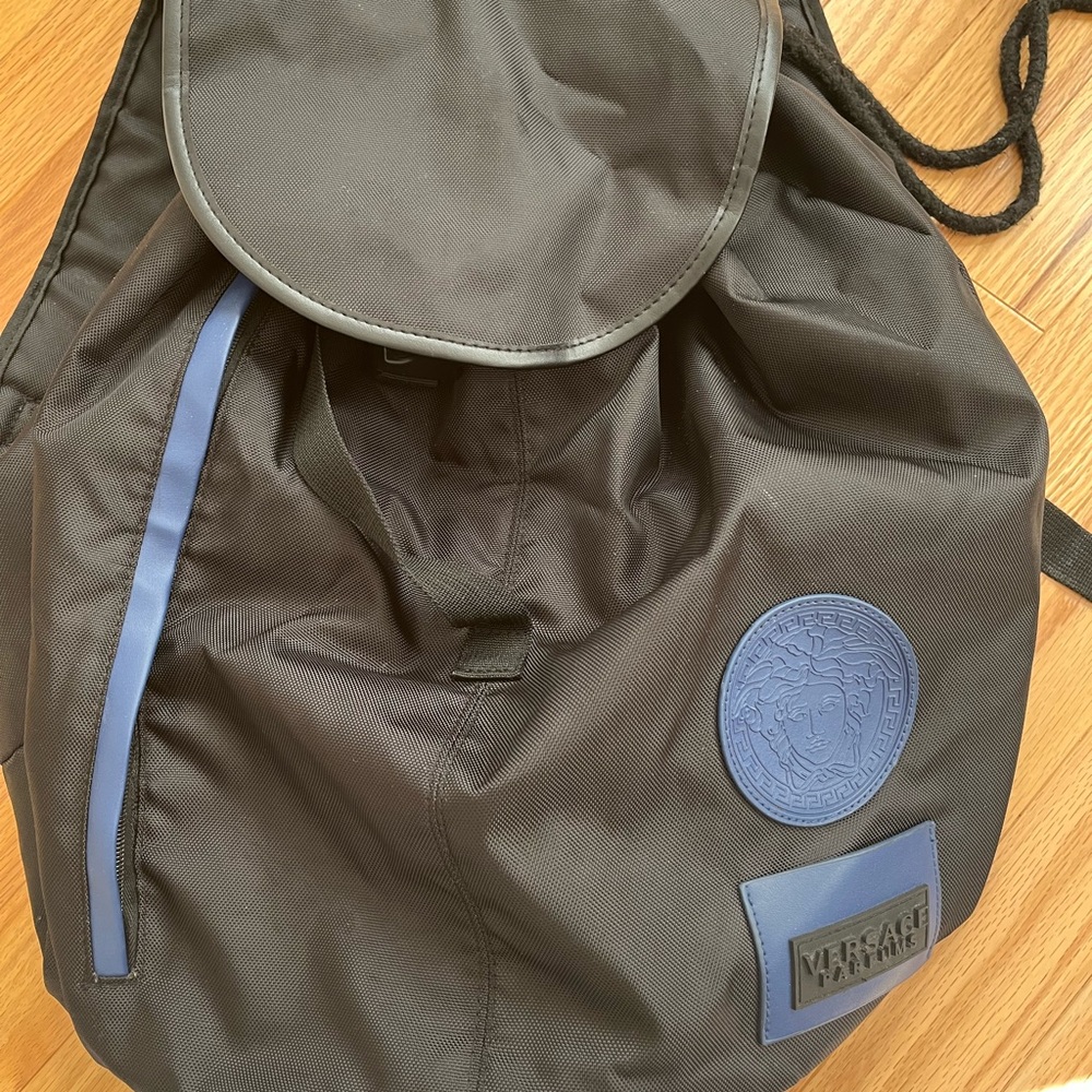 Versace Black and Blue Backpack - Large with draw string closure